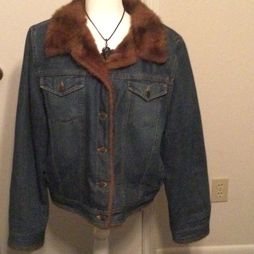 Women's Blue Denim Jacket with Brown Fur Collar